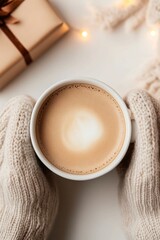Warm cup of coffee held in cozy mittens near festive gift, creat