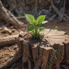 Young plant bravely pushing through aged stump, delicate leaves unfurl ,  photography,  stump