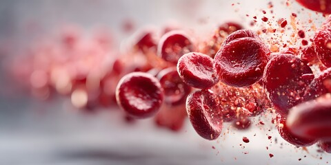 Platelets flow dynamically across a plain white background in a microscopic 3D render, with shallow depth of field and bright, clean lighting.