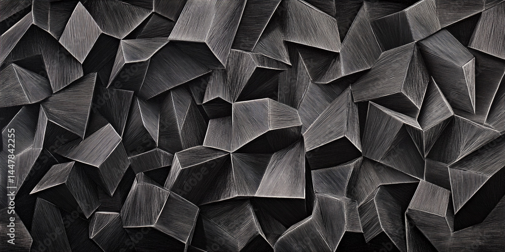 Poster Abstract grayscale image of textured geometric shapes creating a three-dimensional effect, showcasing a modern and sophisticated design suitable for various applications