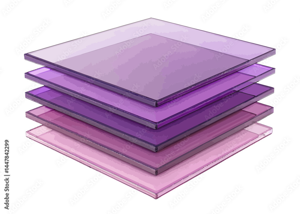 Poster stack of translucent purple and pink square sheets arranged in a layered display on white background