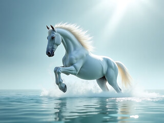 Ethereal landscape white horse galloping through serene water in conceptual photography