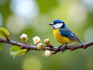 Fototapeta premium Colorful blue tit bird perched on blossom branch in spring garden captivating nature moment