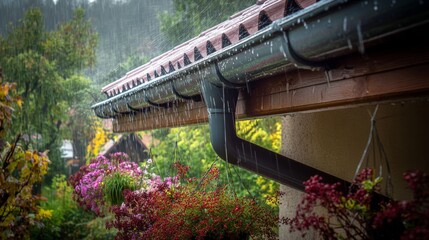 Rain Gutter System During Heavy Rainfall: A Close-Up View