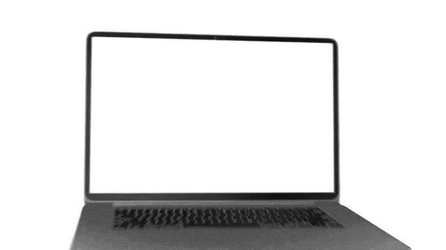 3d render of laptop mockup on white background, dark gray computer keypad, video template for motion graphics social media ads, zoom in and zooming out black and white animation