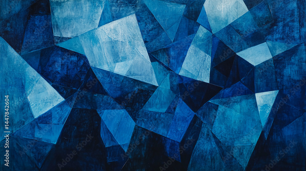 Poster abstract blue painting with geometric shapes, showcasing depth and texture through various shades of