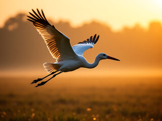 Fototapeta premium Graceful white heron in flight at sunrise nature photography serene landscape close-up