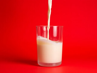 Milk pouring into glass bright red background food photography studio setting close-up shot