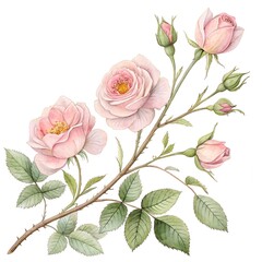 Fototapeta premium Graceful Pink Roses on a Branch with Fresh Green Leaves
