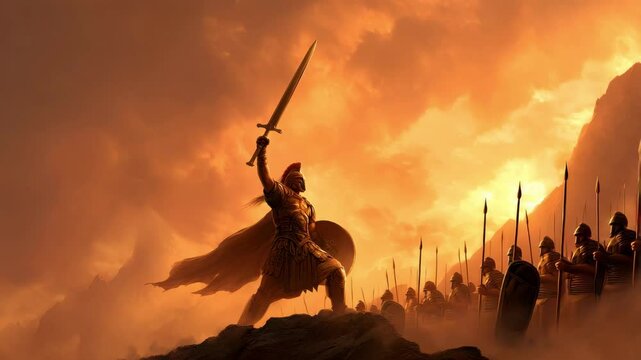 Victorious Ancient Warrior Stands Triumphantly on a Hilltop at Sunset with His Army