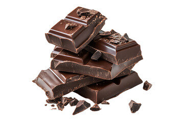 Rich dark chocolate pieces stacked with shards isolated on transparent background