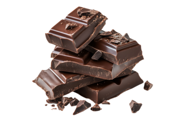 Rich dark chocolate pieces stacked with shards isolated on transparent background
