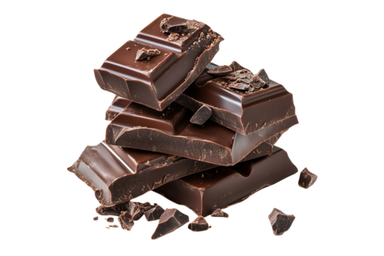 Rich dark chocolate pieces stacked with shards isolated on transparent background
