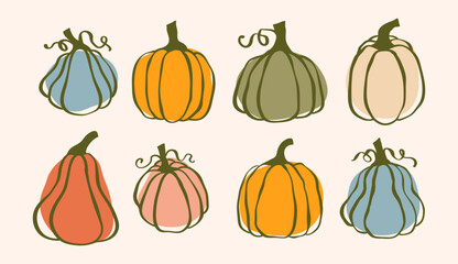 Set of Hand Drawn Doodle Pumpkin Icon Clip Art. Pumpkin Pie, Autumn, Patch, Seeds, Halloween, and Fall. Pumpkin Outline and Background in Vector