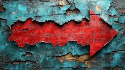Fototapeta premium Red Arrow on Weathered Brick Wall: A Symbol of Direction and Time's Passage