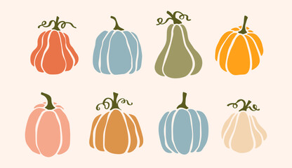 Set of Hand Drawn Doodle Pumpkin Icon Clip Art. Pumpkin Pie, Autumn, Patch, Seeds, Halloween, and Fall. Pumpkin Outline and Background in Vector