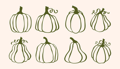 Set of Hand Drawn Doodle Pumpkin Icon Clip Art. Pumpkin Pie, Autumn, Patch, Seeds, Halloween, and Fall. Pumpkin Outline and Background in Vector