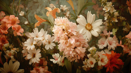 A beautiful floral arrangement showcases a variety of white, peach, and orange blossoms creating a soft and romantic vintage inspired aesthetic style art piece.