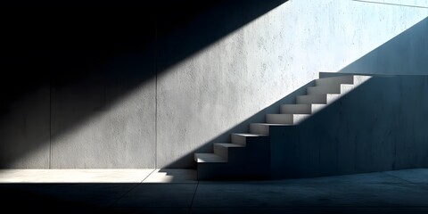 Obraz premium A modern concrete staircase ascends along a white wall, with dramatic sunlight casting sharp shadows, showcasing minimalist architectural design. 