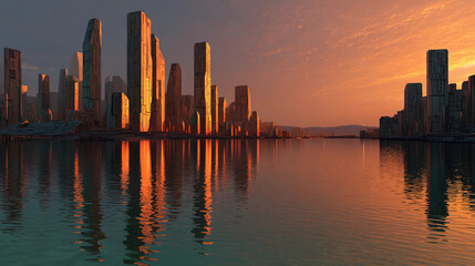 Fototapeta premium Dual-tone futuristic cityscape, sunset reflections