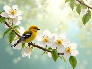 Fototapeta premium Vibrant yellow bird perched on blossoming branch in serene nature setting springtime beauty