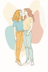 A full body illustration of a Lesbian couple standing.
