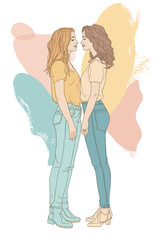 A full body illustration of a Lesbian couple standing.