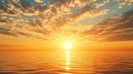 A radiant golden sun rising over the horizon, casting warm light across a tranquil ocean