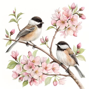 Chickadees Perched Among Cherry Blossom Tree Branches