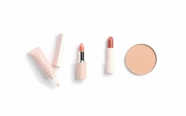 flat lay of opened lipstick, foundation bottle, and compact powder, arranged neatly on white background.