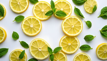Conceptual lemon slices and mint leaves arranged in a circular pattern, space for product.