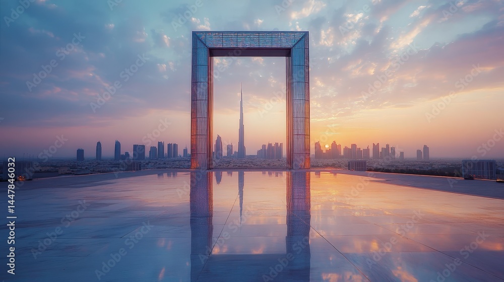 Poster a reflection of the dubai frame on a polished marble surface, creating a symmetrical visual effect.