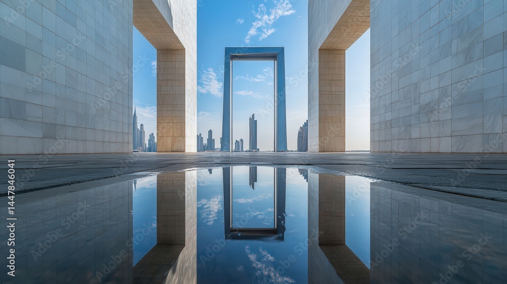 Poster a reflection of the dubai frame on a polished marble surface, creating a symmetrical visual effect.