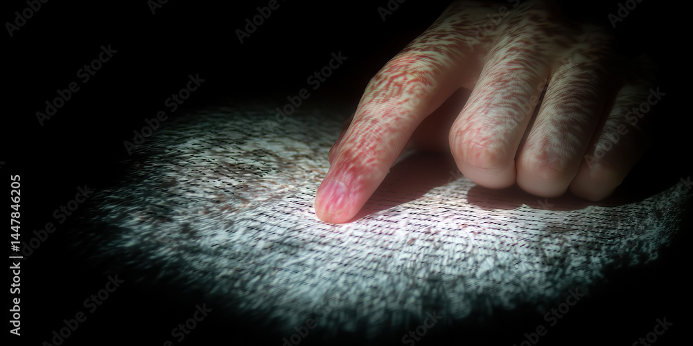 Poster hand and text with red line pattern