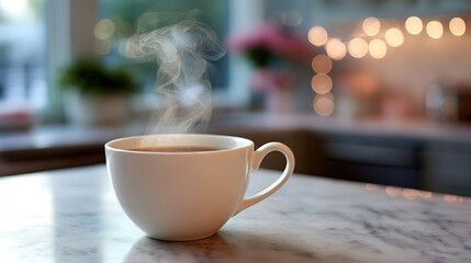 A steaming coffee cup on a marble countertop, evoking warmth and relaxation.
