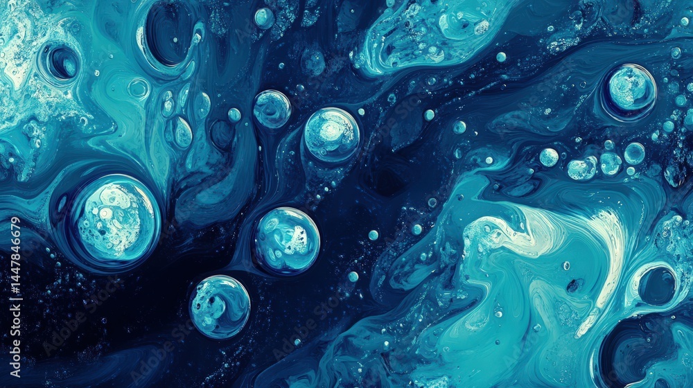 Poster a relaxing ocean bubble pattern with deep blue and turquoise orbs floating like sea foam