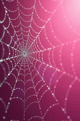Close-up of a delicate spider web illuminated by soft light on a pink background.