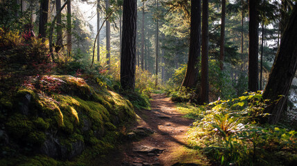 Forest pathway with sunlight filtering through, peaceful energy