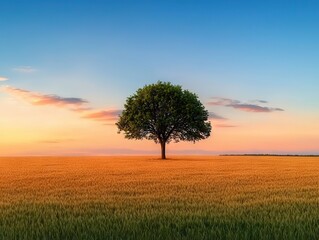 Obraz premium Peaceful sunset over golden field with lone tree scenic nature landscape vibrant colors tranquil atmosphere