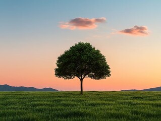 Obraz premium Sunset tree silhouette in an open field nature photography serene landscape tranquil environment