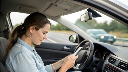 Distracted Woman Driving While Using Mobile Phone