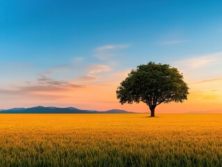 Fototapeta premium Sunset view of a lone tree in a golden field nature photography serene landscape tranquil environment