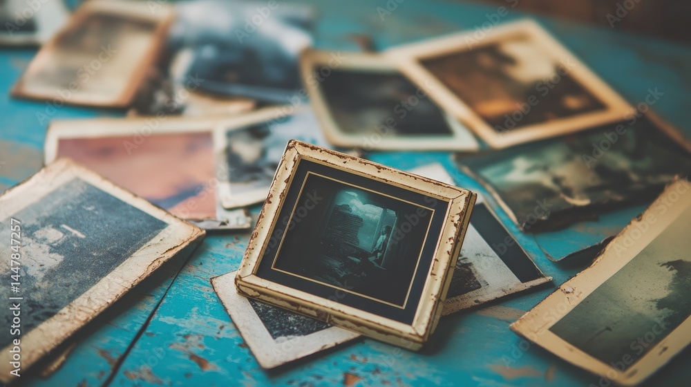 Aufkleber a retro polaroid frame with a slightly faded texture, lying on a table with old photographs