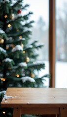 Cozy winter scene with a decorated Christmas tree and a wooden table by a window.