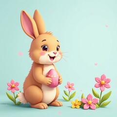 Cute cartoon rabbit happily holding an Easter egg surrounded by colorful flowers.