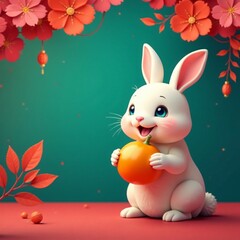 Cute cartoon rabbit joyfully eating an orange surrounded by flowers and vibrant colors.