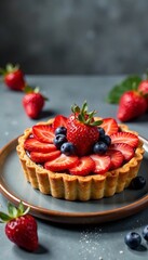 Delicious berry tart topped with fresh strawberries and blueberries on a rustic plate.