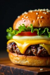 Delicious cheeseburger with fresh ingredients and a sesame seed bun on a wooden surface.