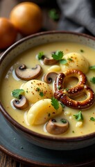 Delicious bowl of creamy soup with mushrooms and pretzel, garnished with herbs.