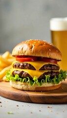 Delicious cheeseburger with fresh ingredients, served with fries and beer in the background.